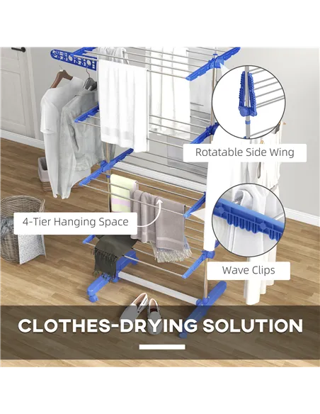 HOMCOM Four-Shelf Collapsing Clothes Horse, With Side Arms and Wheels - Blue