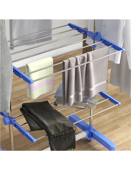 HOMCOM Four-Shelf Collapsing Clothes Horse, With Side Arms and Wheels - Blue