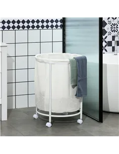 HOMCOM 100L Steel Frame Laundry Bin, with Wheels - White 2