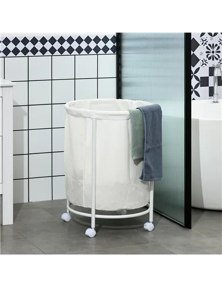 HOMCOM 100L Steel Frame Laundry Bin, with Wheels - White