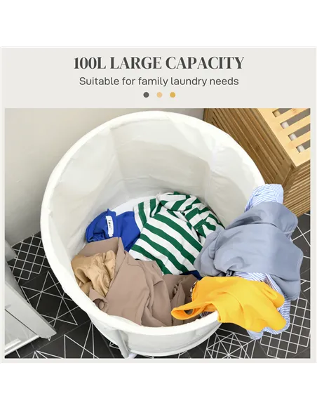 HOMCOM 100L Steel Frame Laundry Bin, with Wheels - White