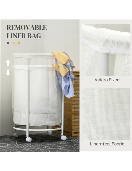 HOMCOM 100L Steel Frame Laundry Bin, with Wheels - White