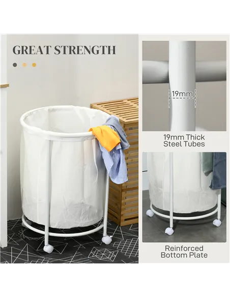 HOMCOM 100L Steel Frame Laundry Bin, with Wheels - White