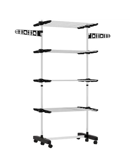 HOMCOM Four-Shelf Collapsing Clothes Horse, With Side Arms and Wheels - Black