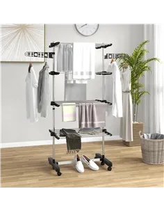HOMCOM Four-Shelf Collapsing Clothes Horse, With Side Arms and Wheels - Black 2