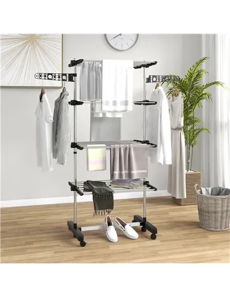 HOMCOM Four-Shelf Collapsing Clothes Horse, With Side Arms and Wheels - Black