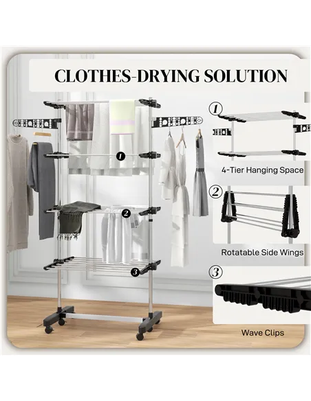 HOMCOM Four-Shelf Collapsing Clothes Horse, With Side Arms and Wheels - Black