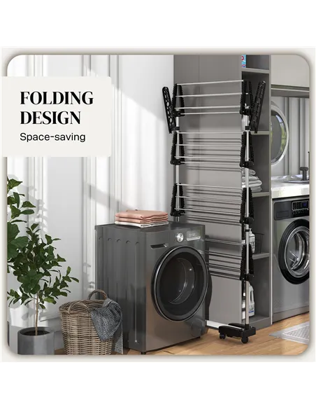 HOMCOM Four-Shelf Collapsing Clothes Horse, With Side Arms and Wheels - Black