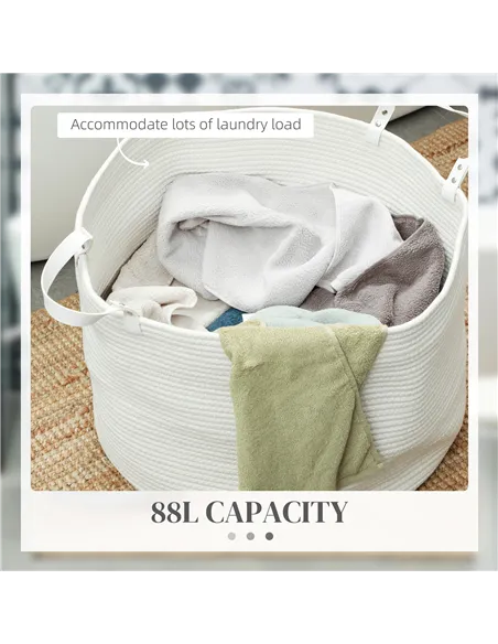 HOMCOM 88L Cotton Rope Laundry Basket, with Handles - Cream White