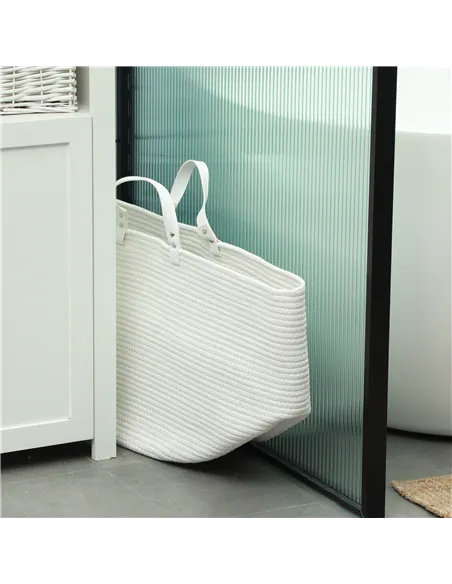 HOMCOM 88L Cotton Rope Laundry Basket, with Handles - Cream White
