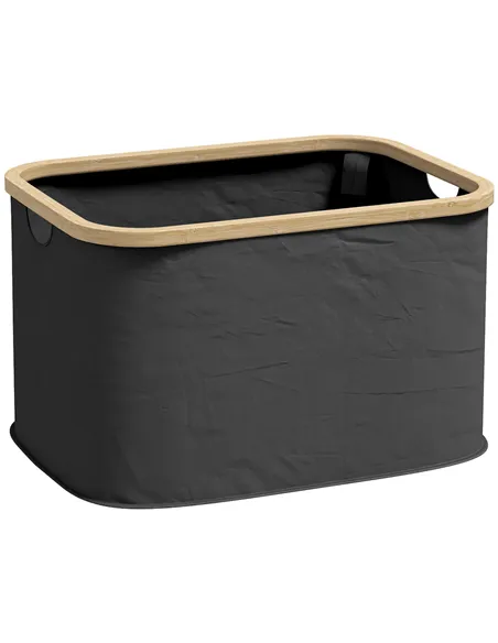 HOMCOM 36L Foldable Laundry Basket, with Bamboo Top - Black