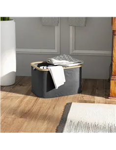 HOMCOM 36L Foldable Laundry Basket, with Bamboo Top - Black 2