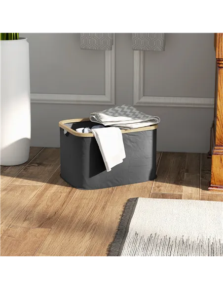 HOMCOM 36L Foldable Laundry Basket, with Bamboo Top - Black