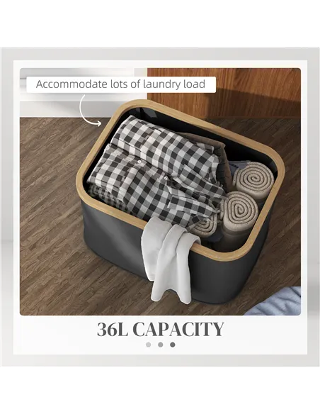 HOMCOM 36L Foldable Laundry Basket, with Bamboo Top - Black