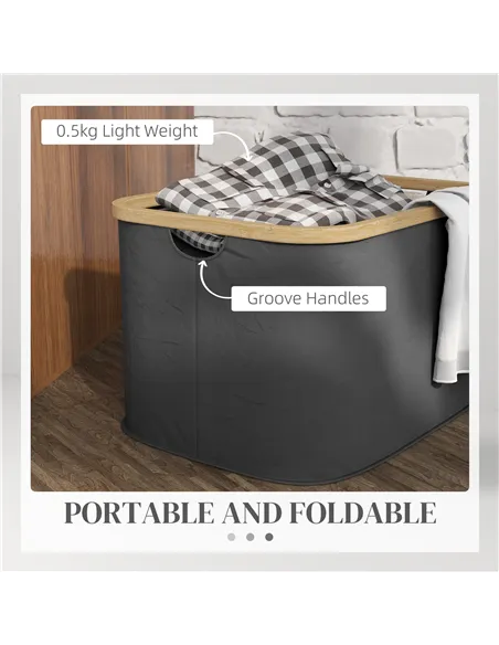 HOMCOM 36L Foldable Laundry Basket, with Bamboo Top - Black
