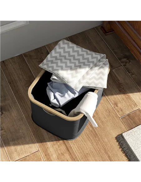 HOMCOM 36L Foldable Laundry Basket, with Bamboo Top - Black