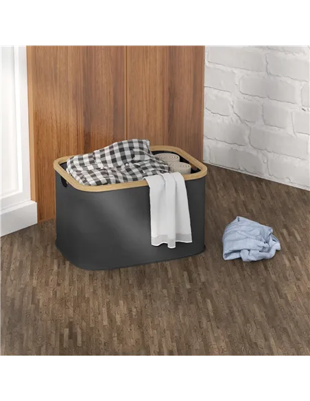 HOMCOM 36L Foldable Laundry Basket, with Bamboo Top - Black