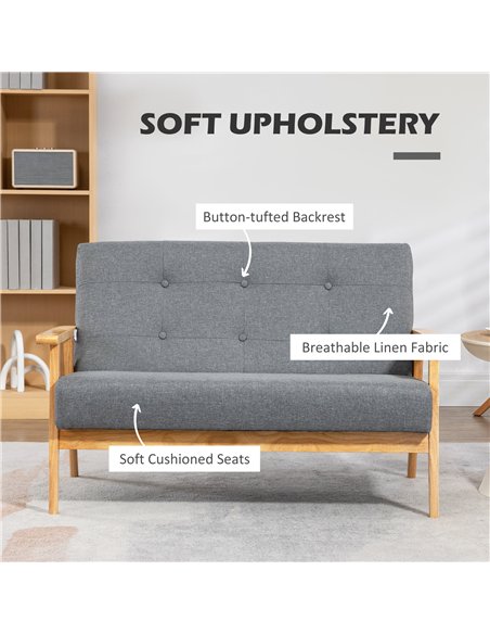 HOMCOM 2 Seater Sofa Modern Linen Fabric Upholstery Tufted Couch with Rubberwood Legs for Living Room and Kitchen, Dark Grey