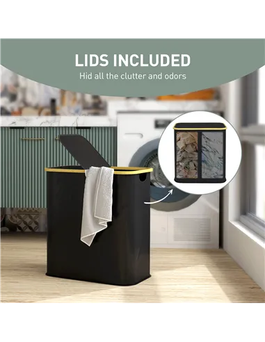 HOMCOM Double Laundry Basket With Lid, 80L Collapsible Laundry Hamper with Groove Handles, Washing Basket for Bathroom, Bedroom,