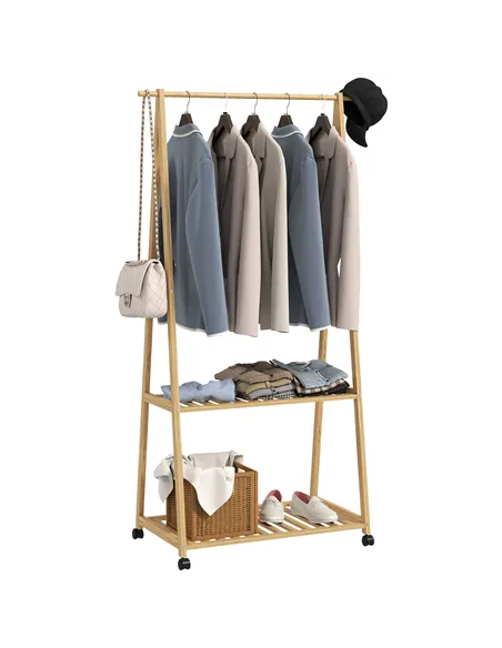 HOMCOM Bamboo Clothes Rack, with Shelves and Hooks - Natural Finish
