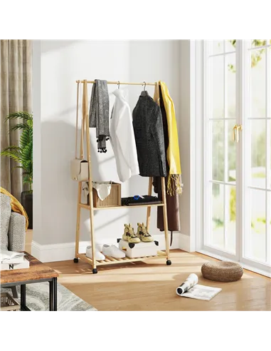 HOMCOM Bamboo Clothes Rack, with Shelves and Hooks - Natural Finish