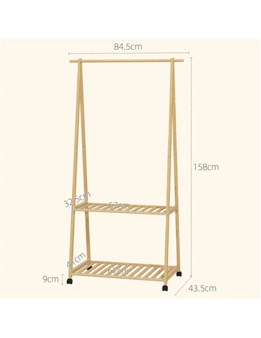HOMCOM Bamboo Clothes Rack, with Shelves and Hooks - Natural Finish