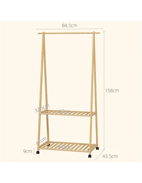 HOMCOM Bamboo Clothes Rack, with Shelves and Hooks - Natural Finish