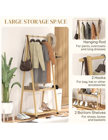 HOMCOM Bamboo Clothes Rack, with Shelves and Hooks - Natural Finish