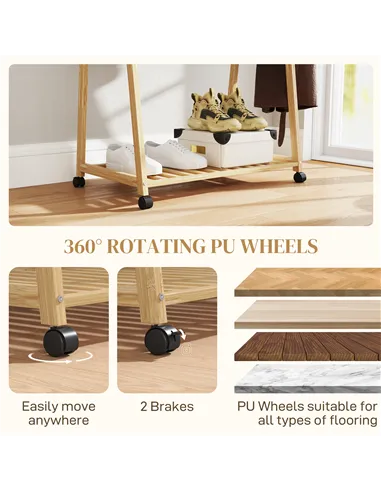 HOMCOM Bamboo Clothes Rack, with Shelves and Hooks - Natural Finish