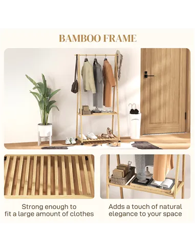 HOMCOM Bamboo Clothes Rack, with Shelves and Hooks - Natural Finish