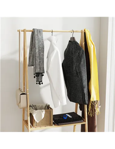 HOMCOM Bamboo Clothes Rack, with Shelves and Hooks - Natural Finish
