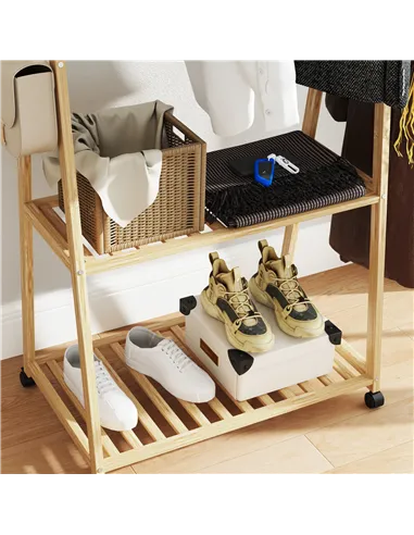 HOMCOM Bamboo Clothes Rack, with Shelves and Hooks - Natural Finish