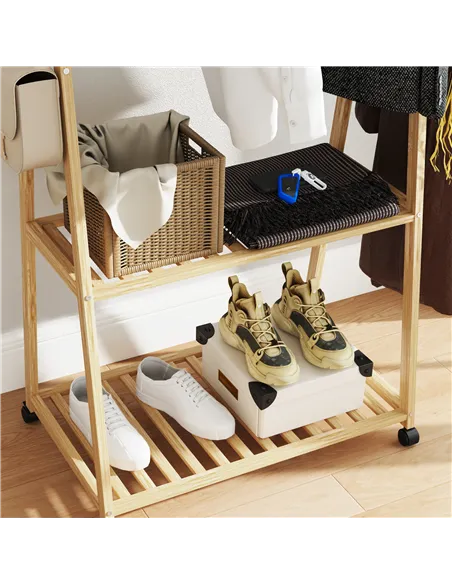 HOMCOM Bamboo Clothes Rack, with Shelves and Hooks - Natural Finish