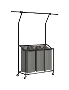 HOMCOM 3x 42L Laundry Basket Unit, with Hanging Rail - Black/Grey