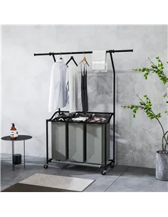HOMCOM 3x 42L Laundry Basket Unit, with Hanging Rail - Black/Grey 2