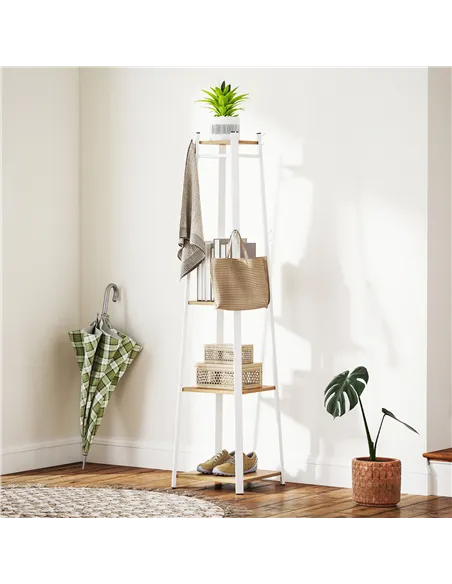 HOMCOM Compact Freestanding Coat Rack -  White/Oak