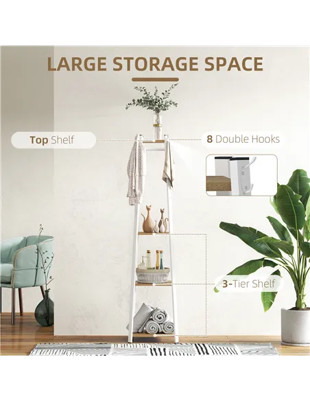 HOMCOM Compact Freestanding Coat Rack -  White/Oak