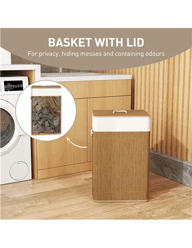 HOMCOM Bamboo Laundry Basket with Lid, 72L Laundry Hamper with Rope Handles, Washing Basket with Removable Washable Liner Bag fo