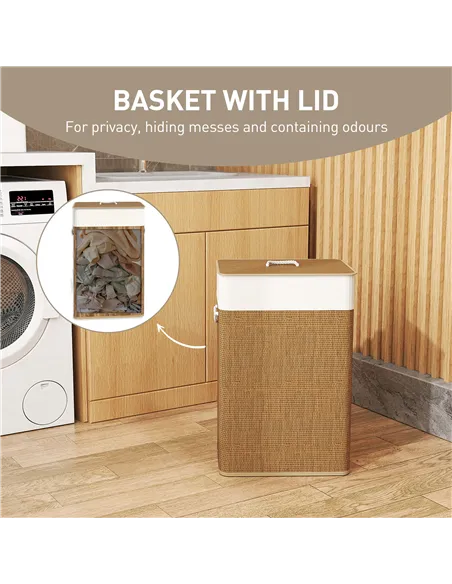HOMCOM Bamboo Laundry Basket with Lid, 72L Laundry Hamper with Rope Handles, Washing Basket with Removable Washable Liner Bag fo