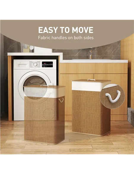 HOMCOM Bamboo Laundry Basket with Lid, 72L Laundry Hamper with Rope Handles, Washing Basket with Removable Washable Liner Bag fo