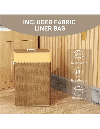 HOMCOM Bamboo Laundry Basket with Lid, 72L Laundry Hamper with Rope Handles, Washing Basket with Removable Washable Liner Bag fo