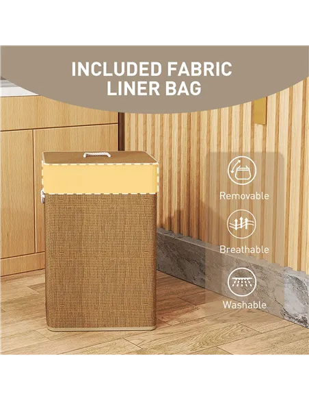 HOMCOM Bamboo Laundry Basket with Lid, 72L Laundry Hamper with Rope Handles, Washing Basket with Removable Washable Liner Bag fo