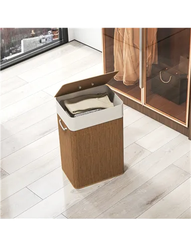 HOMCOM Bamboo Laundry Basket with Lid, 72L Laundry Hamper with Rope Handles, Washing Basket with Removable Washable Liner Bag fo