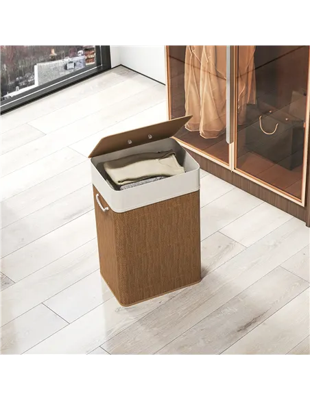 HOMCOM Bamboo Laundry Basket with Lid, 72L Laundry Hamper with Rope Handles, Washing Basket with Removable Washable Liner Bag fo