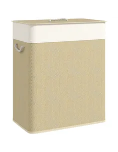 HOMCOM Double Laundry Basket with Lid, 100L Bamboo Laundry Hamper with Rope Handles, Washing Basket with Removable Liner for Bat