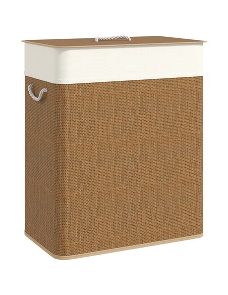 HOMCOM Double Laundry Basket with Lid, 100L Bamboo Laundry Hamper with Rope Handles, Washing Basket with Removable Liner for Bat