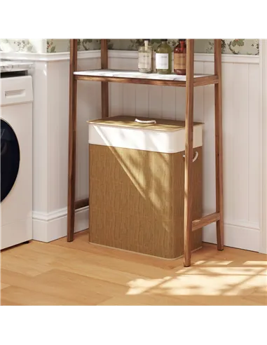 HOMCOM Double Laundry Basket with Lid, 100L Bamboo Laundry Hamper with Rope Handles, Washing Basket with Removable Liner for Bat