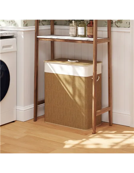 HOMCOM Double Laundry Basket with Lid, 100L Bamboo Laundry Hamper with Rope Handles, Washing Basket with Removable Liner for Bat