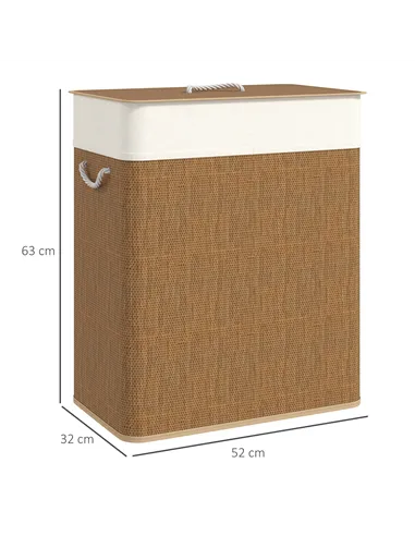 HOMCOM Double Laundry Basket with Lid, 100L Bamboo Laundry Hamper with Rope Handles, Washing Basket with Removable Liner for Bat