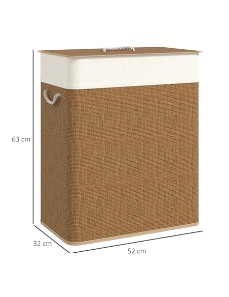 HOMCOM Double Laundry Basket with Lid, 100L Bamboo Laundry Hamper with Rope Handles, Washing Basket with Removable Liner for Bat